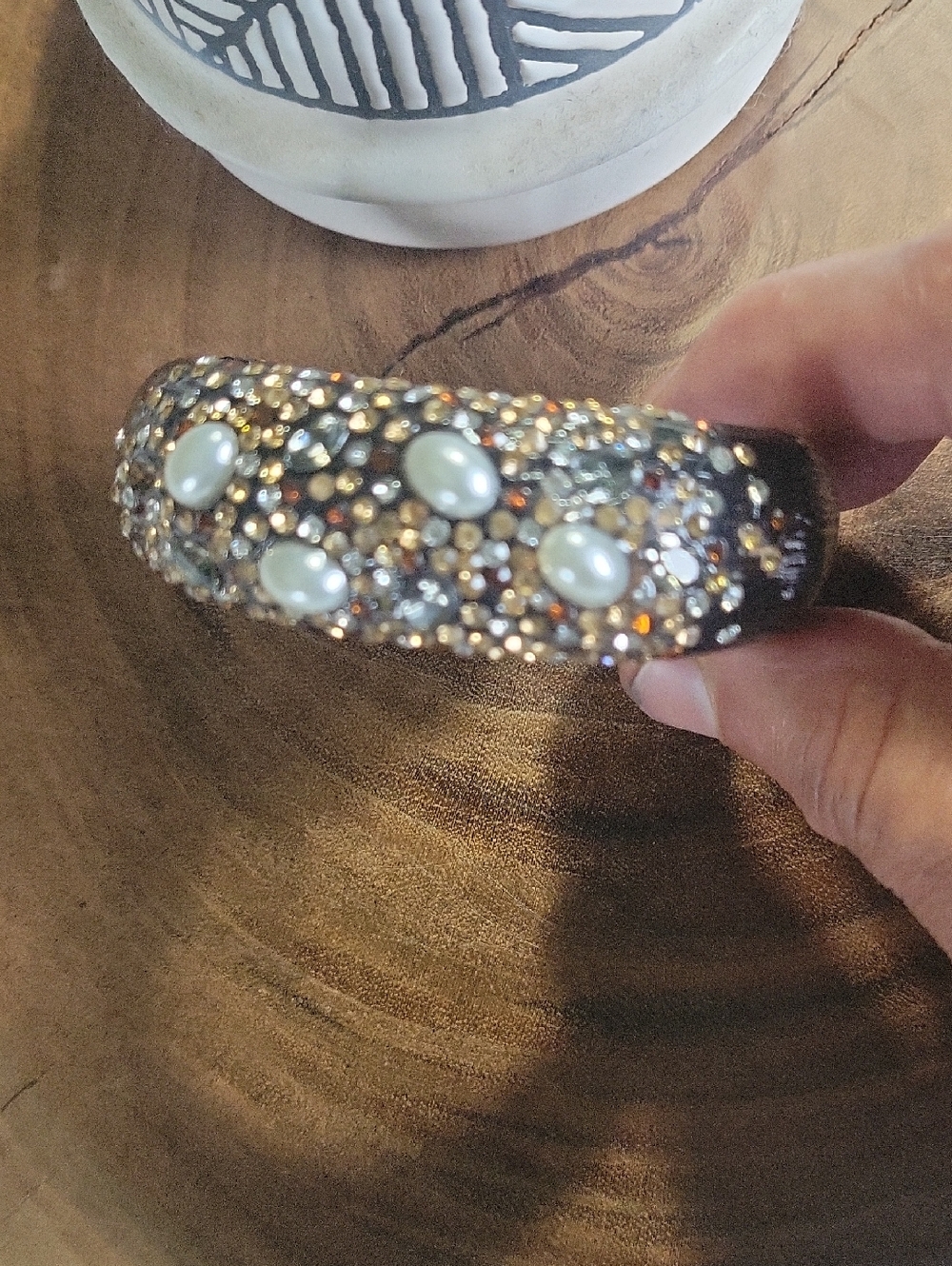 Embellished Pearl & Crystal Cuff Bracelet in Gold, Ivory, and Brown